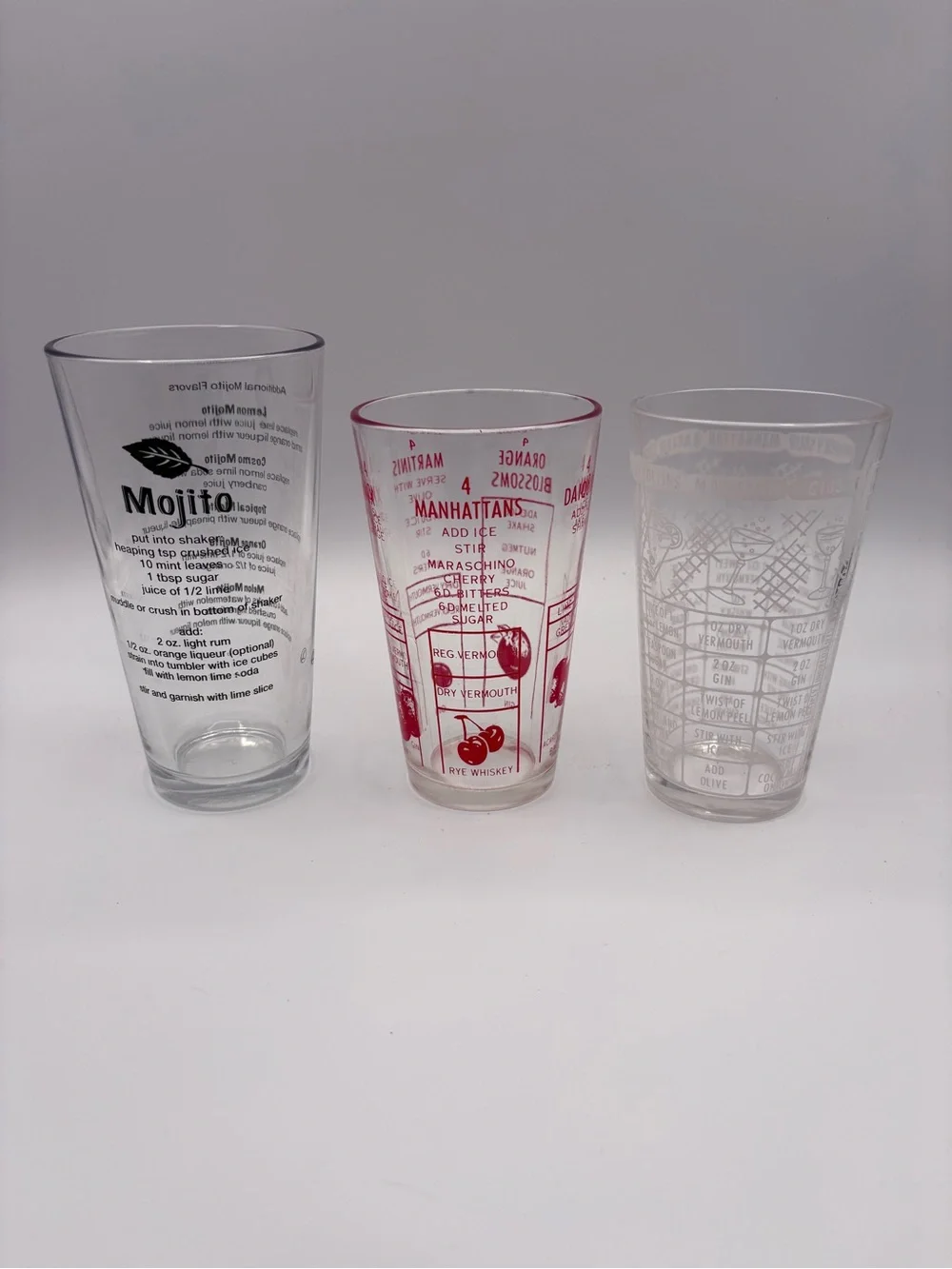 3 MCM Cocktail Barware Recipe Mixing Glasses Mojito Martini Manhattan DAIQUIRIS